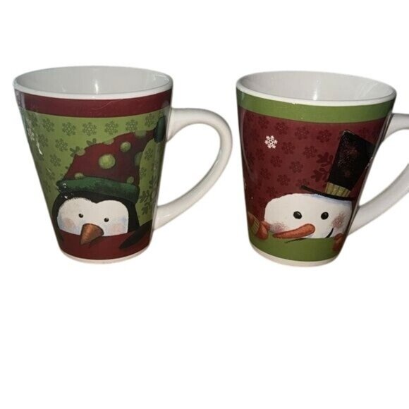 Holiday Snowman & Penguin Ceramic Mugs Set Of 2 - Picture 1 of 9